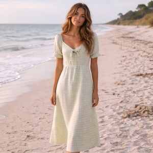 ✨ Roxy Green Houndstooth Midi Dress Summer Cottagecore Tie Front Puff Sleeve S